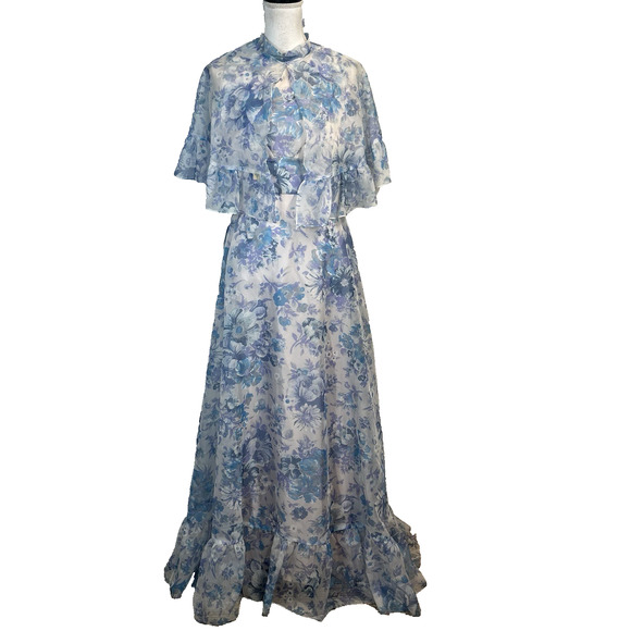 Vintage 70's Lorrie Deb Dress & Cape size 13/14 Blue Floral Bridesmaid Wedding - Picture 1 of 16